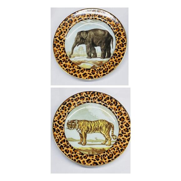 2 VTG Fitz & Floyd 8” PLATES Jungle Safari Animal Elephant & Tiger Jaguar Print - Picture 1 of 7